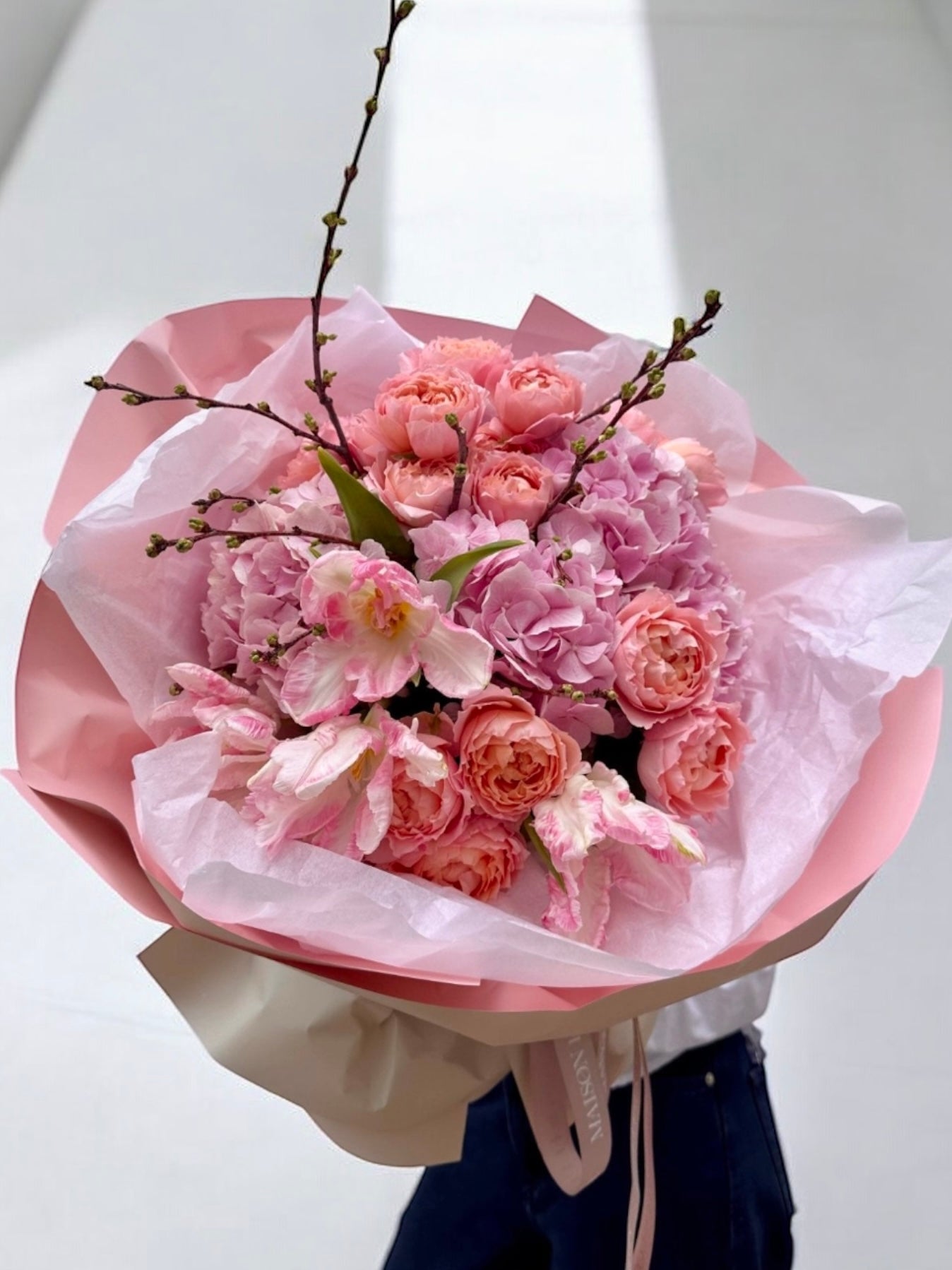 Moon Dance - Lux European hydrangea, spray garden roses, Dutch tulips, Sakura (seasonal) - Maison la Fleur