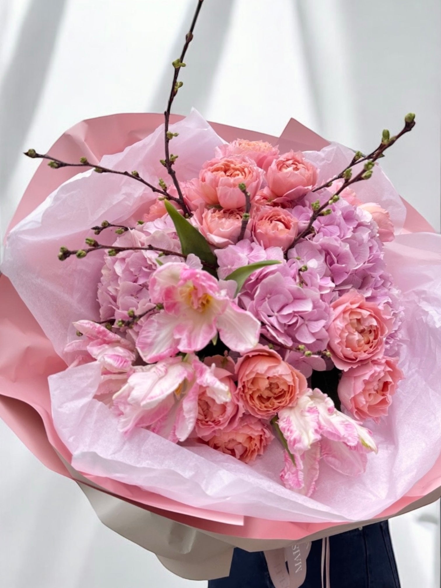 Moon Dance - Lux European hydrangea, spray garden roses, Dutch tulips, Sakura (seasonal) - Maison la Fleur