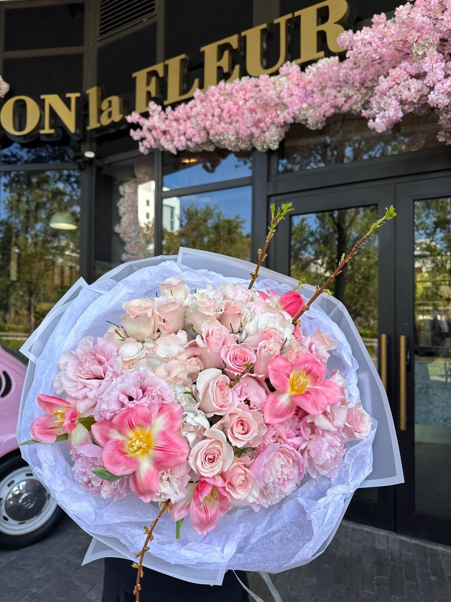 Moon Dance - Lux European hydrangea, spray garden roses, Dutch tulips, Sakura (seasonal) - Maison la Fleur