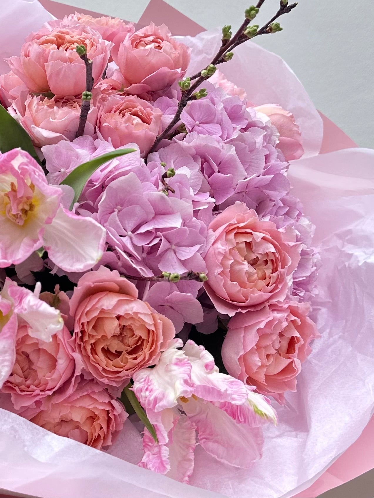 Moon Dance - Lux European hydrangea, spray garden roses, Dutch tulips, Sakura (seasonal) - Maison la Fleur