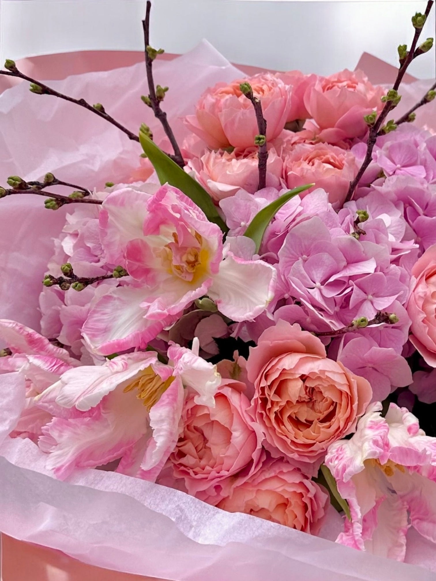 Moon Dance - Lux European hydrangea, spray garden roses, Dutch tulips, Sakura (seasonal) - Maison la Fleur