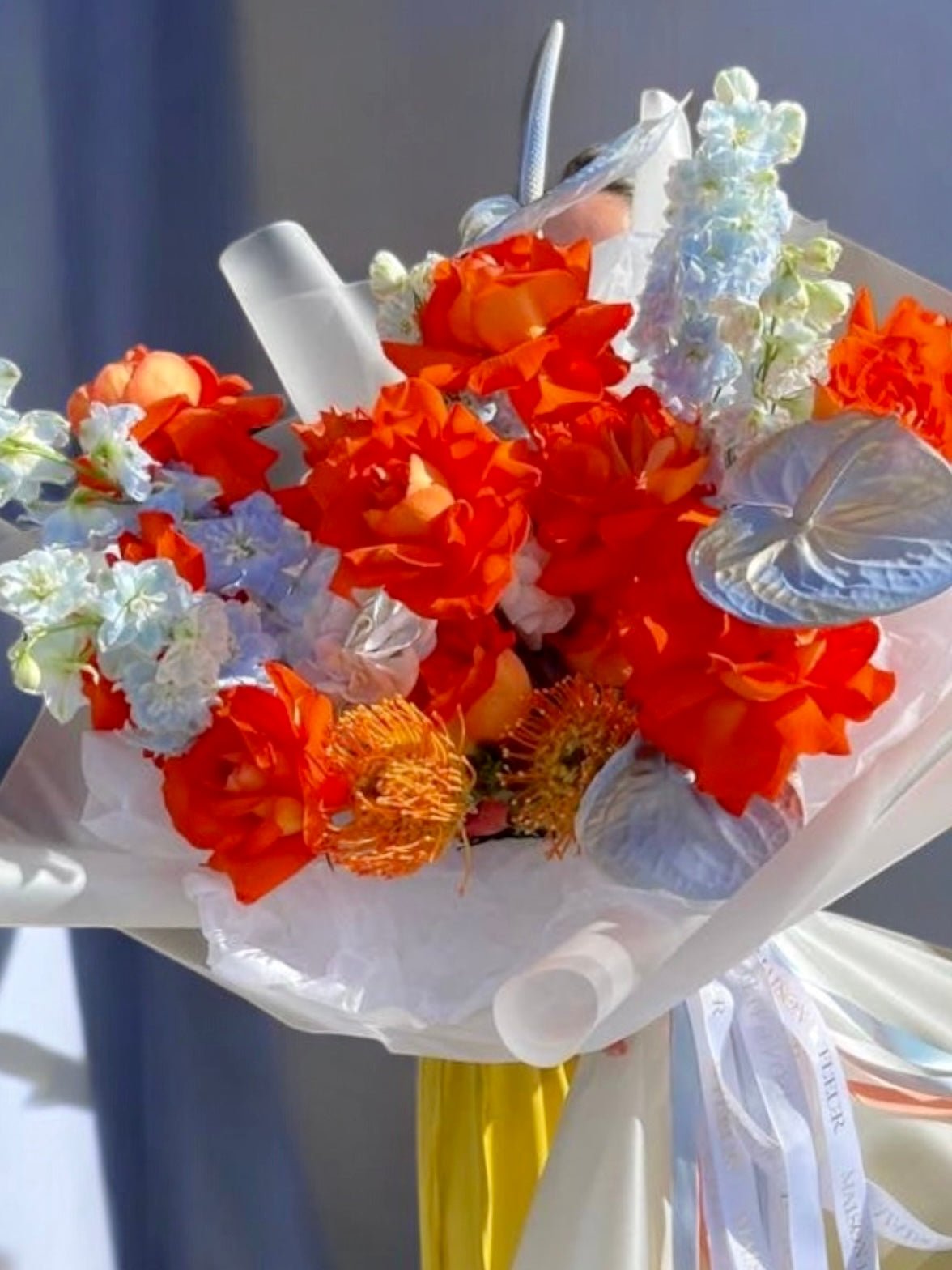 My Orange Obsession - Long stem premium roses, anthurium and delphinium - Maison la Fleur