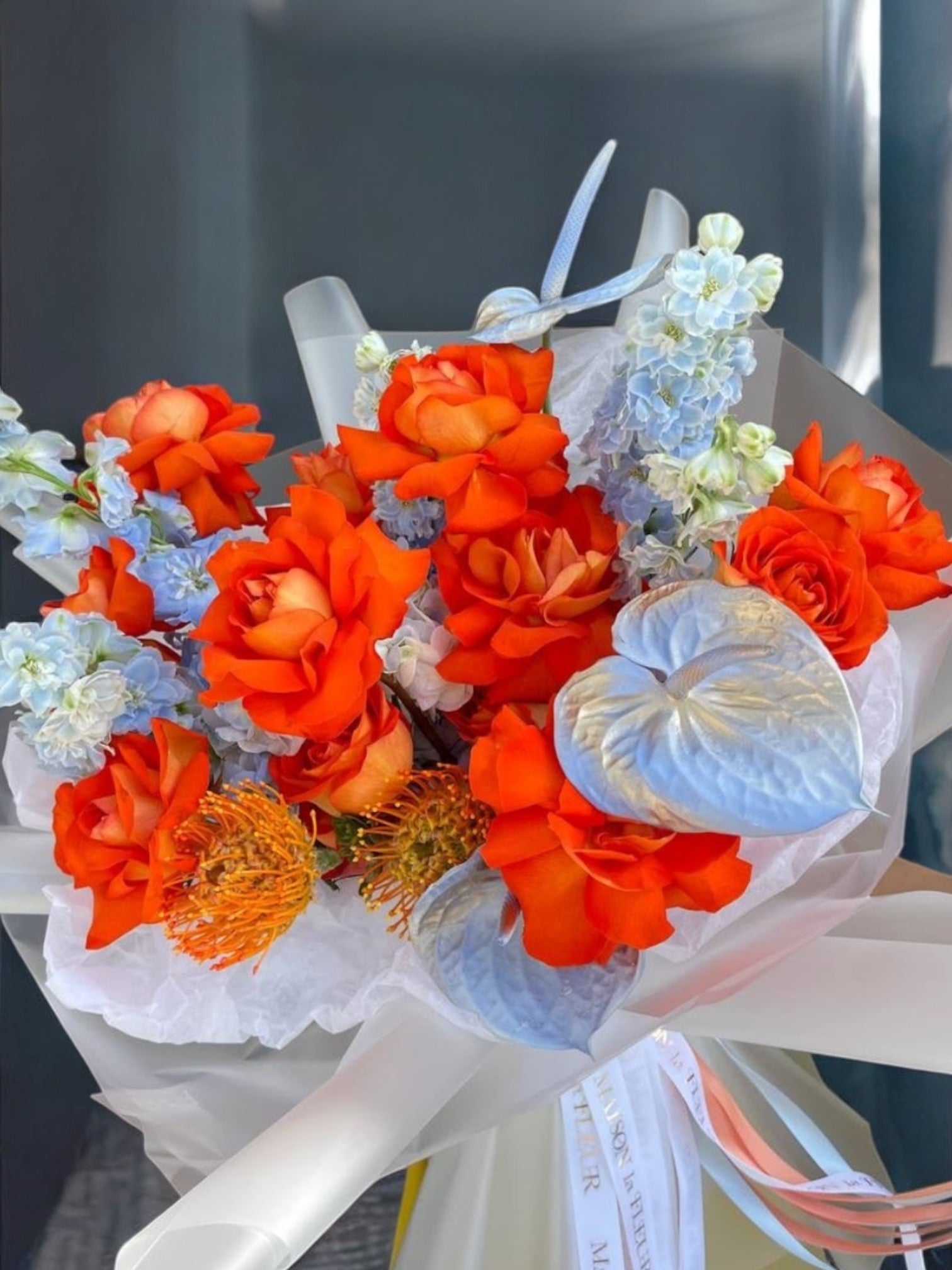 My Orange Obsession - Long stem premium roses, anthurium and delphinium - Maison la Fleur