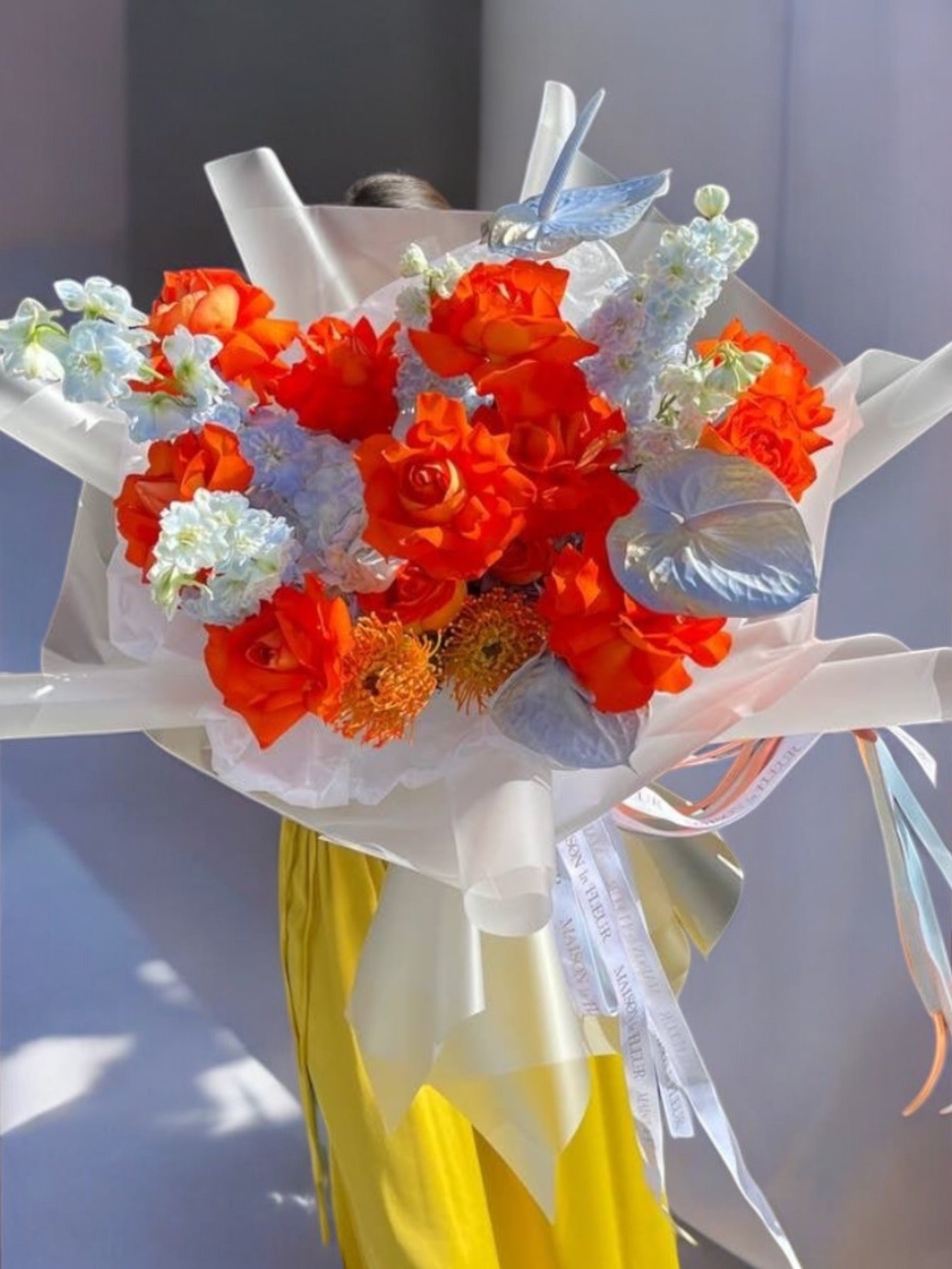 My Orange Obsession - Long stem premium roses, anthurium and delphinium - Maison la Fleur