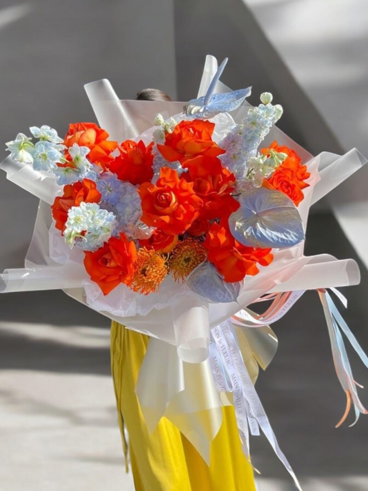 My Orange Obsession - Long stem premium roses, anthurium and delphinium - Maison la Fleur