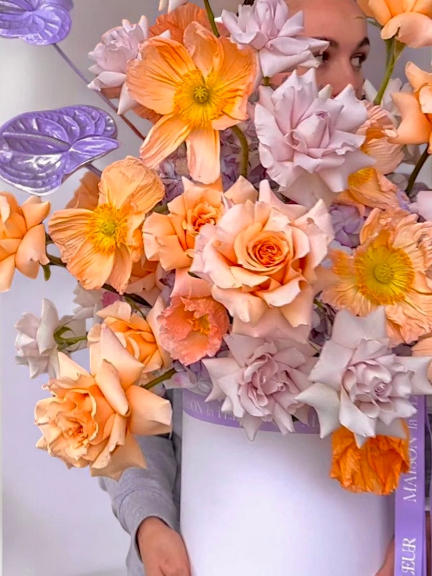 Peach Dreamscape - Long stem Fran grant roses, italian poppies, anthurium, hydrangea - Maison la Fleur