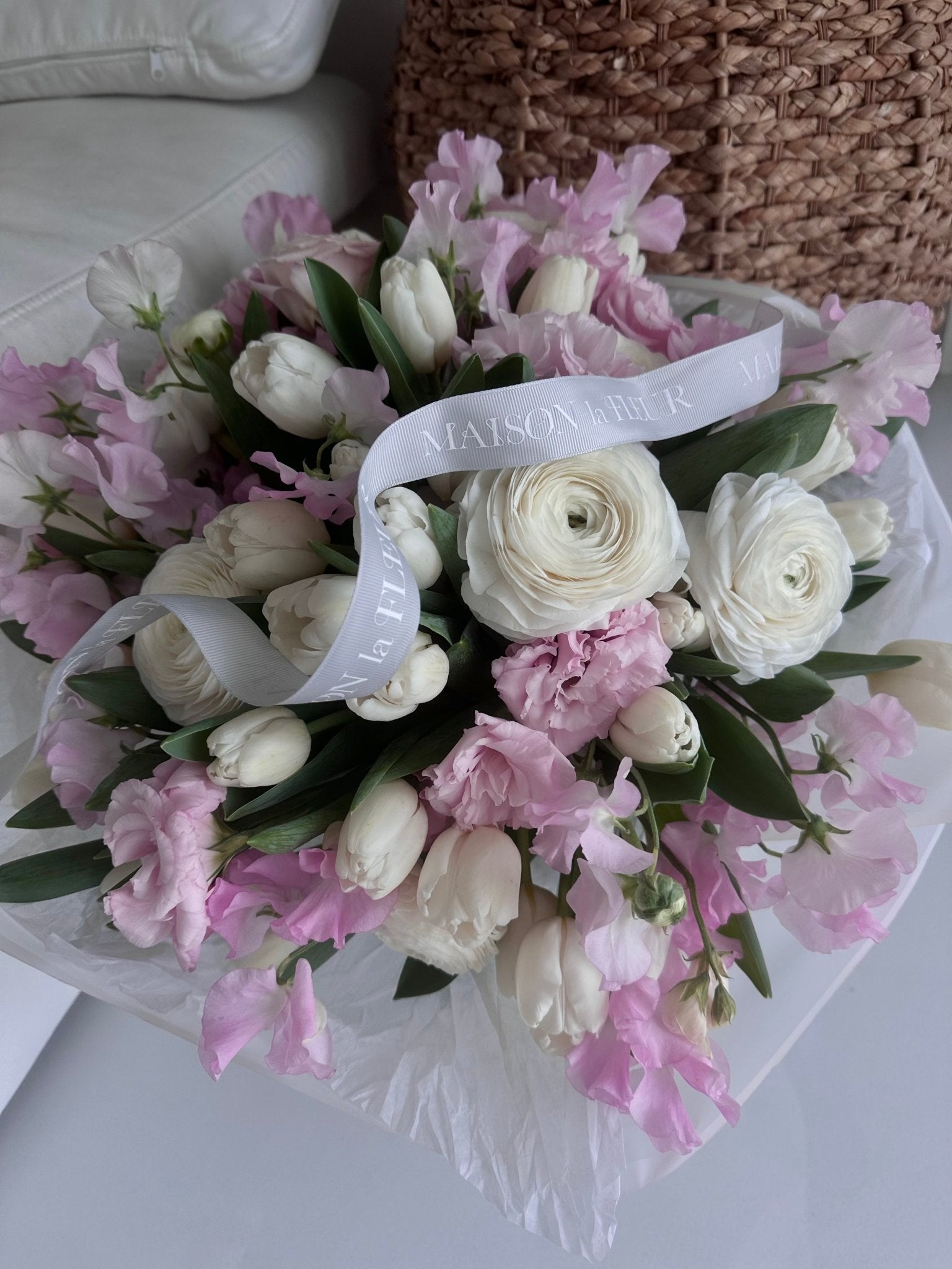 Pink charm - Beautiful bouquet of delicate spring tulips, ranunculus, lisianthus and sweet peas. - Maison la Fleur