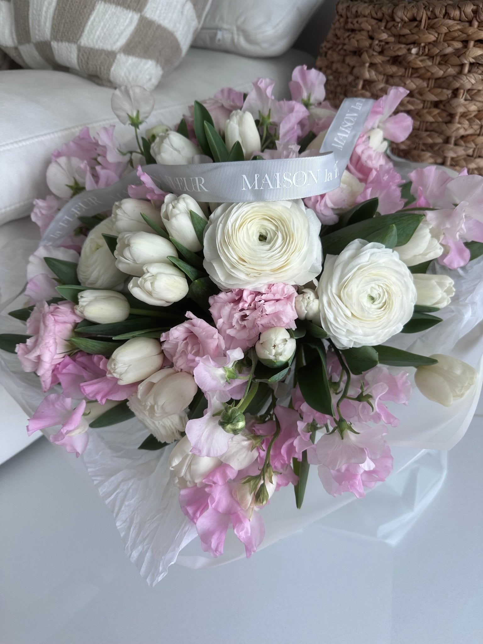 Pink charm - Beautiful bouquet of delicate spring tulips, ranunculus, lisianthus and sweet peas. - Maison la Fleur