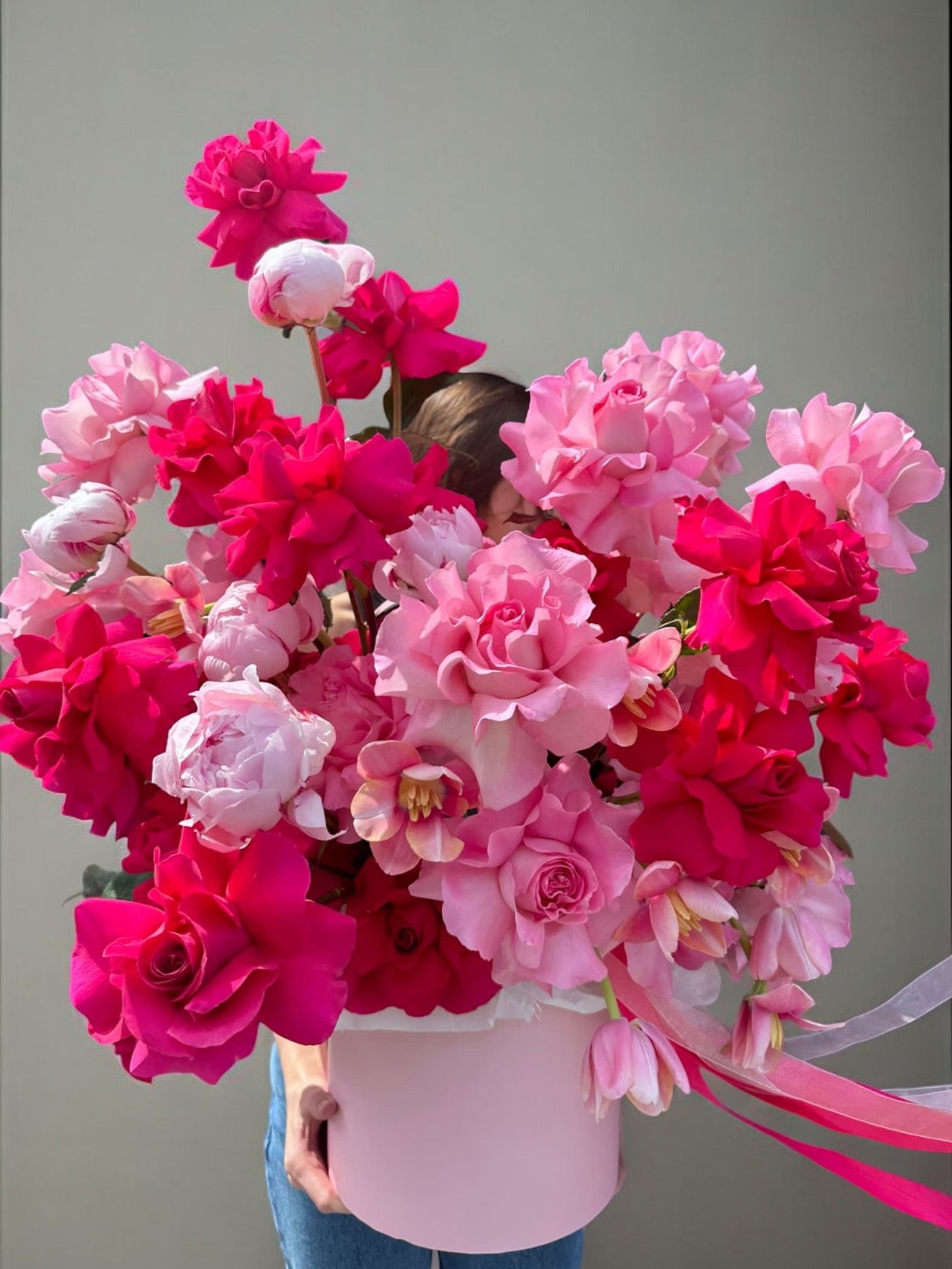 Pink flamenco - long stem roses, Dutch tulips and peonies - Maison la Fleur