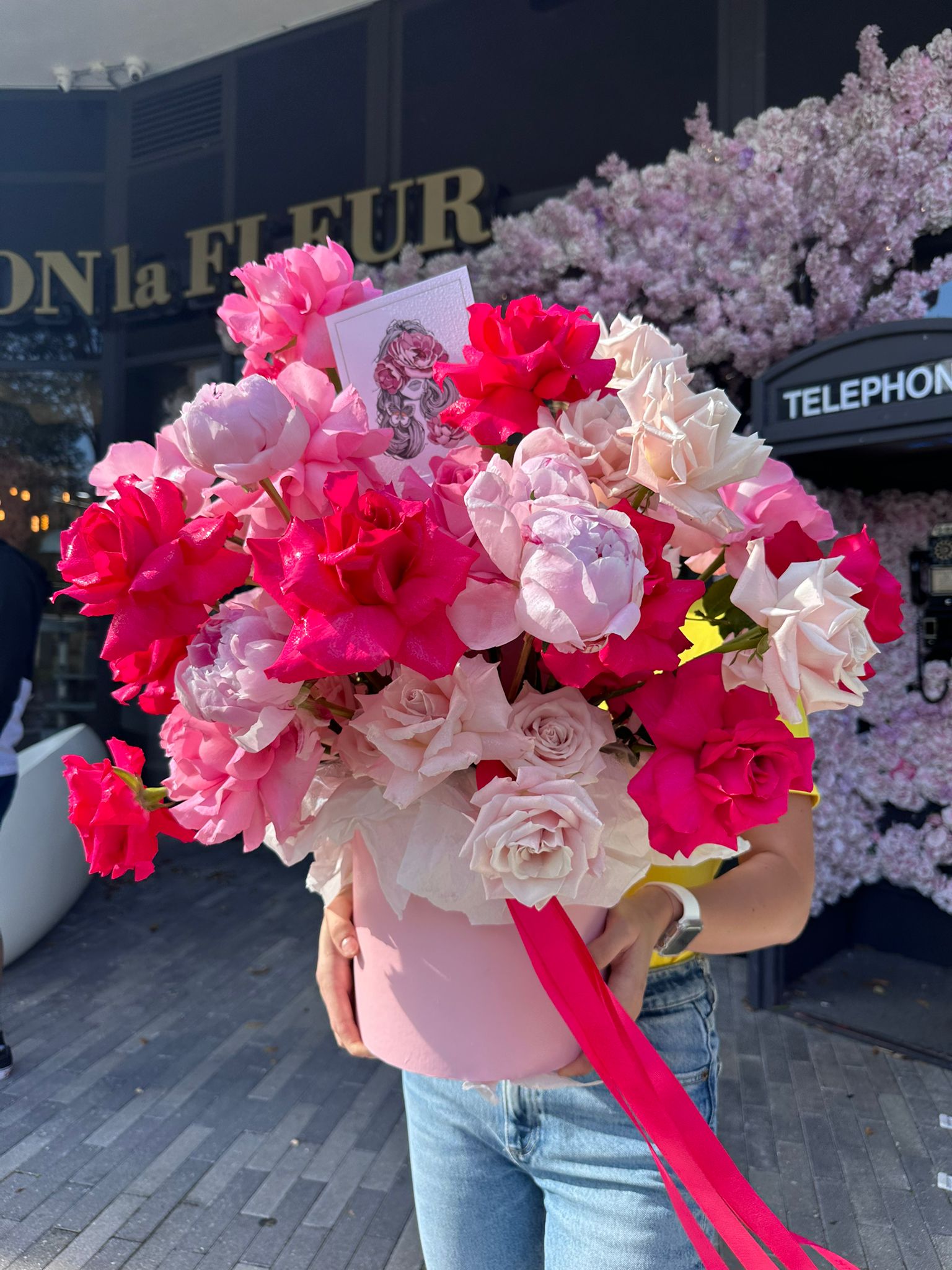 Pink flamenco - long stem roses, Dutch tulips and peonies - Maison la Fleur