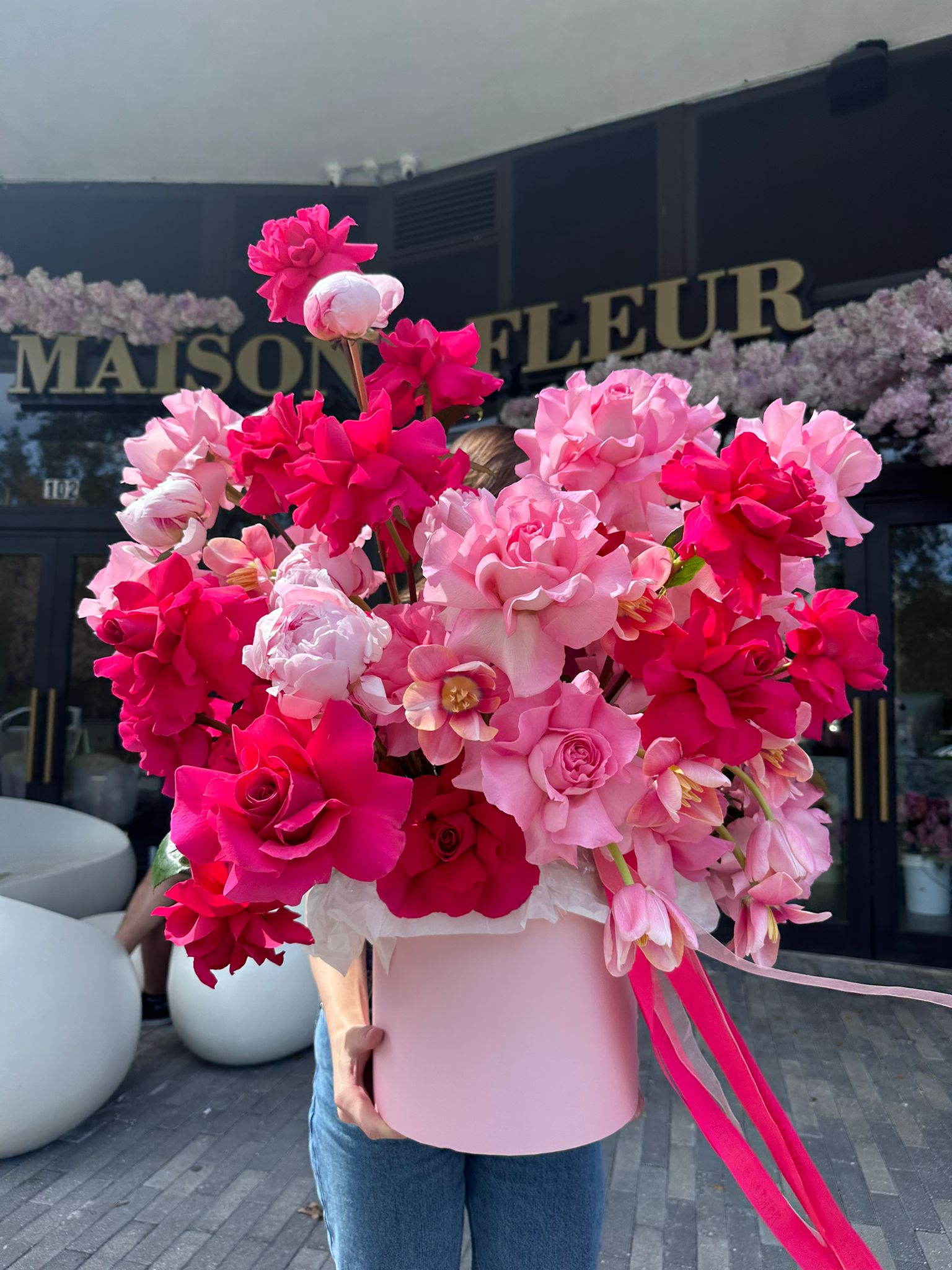 Pink flamenco - long stem roses, Dutch tulips and peonies - Maison la Fleur