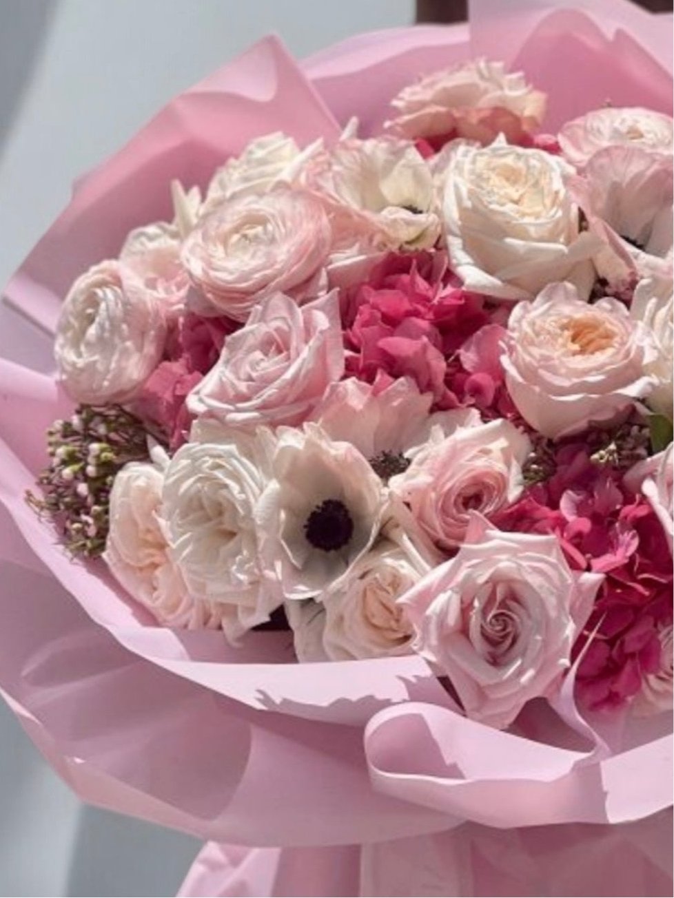 Pink Lolita - beautiful mix of hydrangea, anemone, garden roses, and David Austen roses - Maison la Fleur