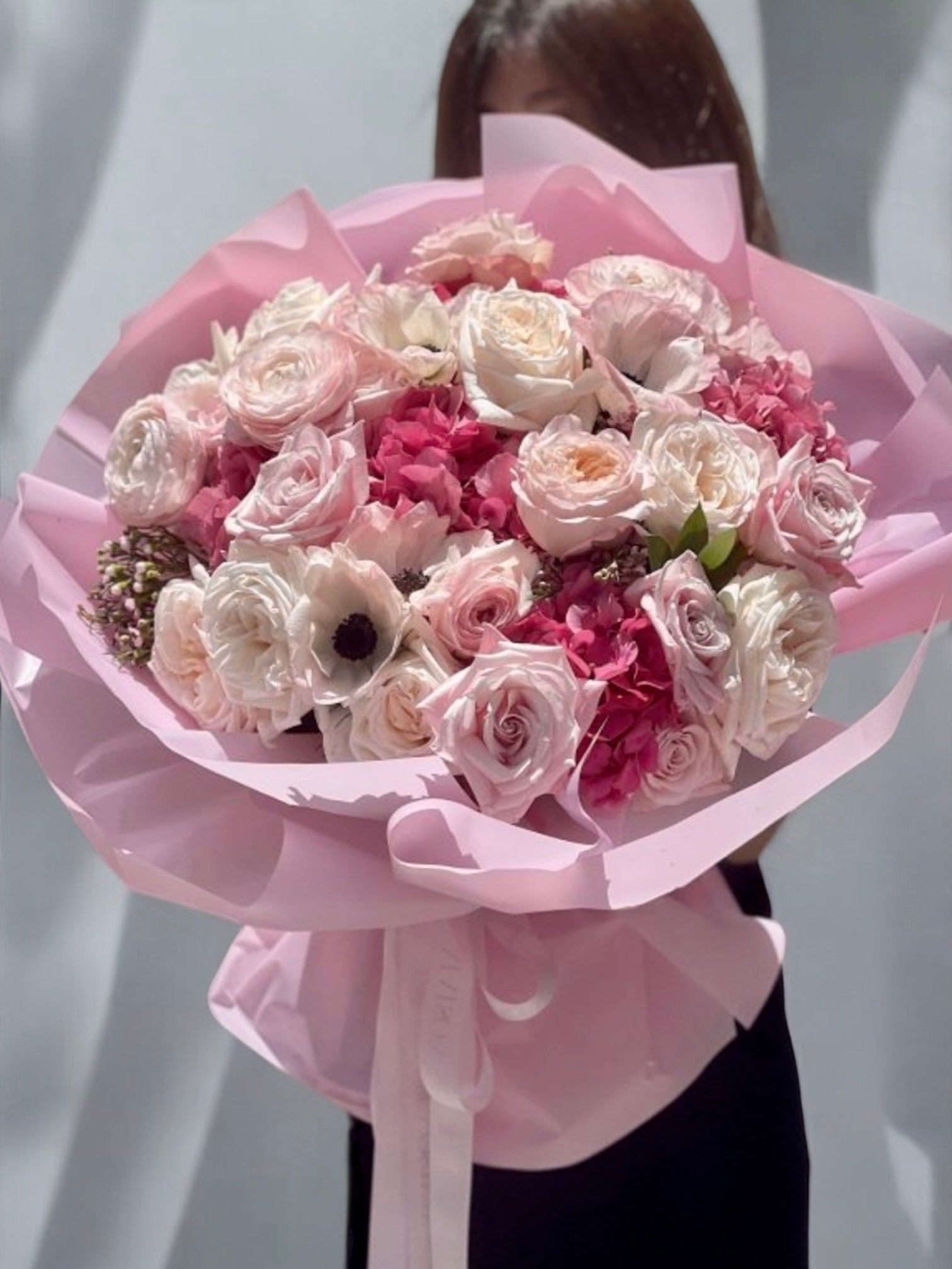 Pink Lolita - beautiful mix of hydrangea, anemone, garden roses, and David Austen roses - Maison la Fleur