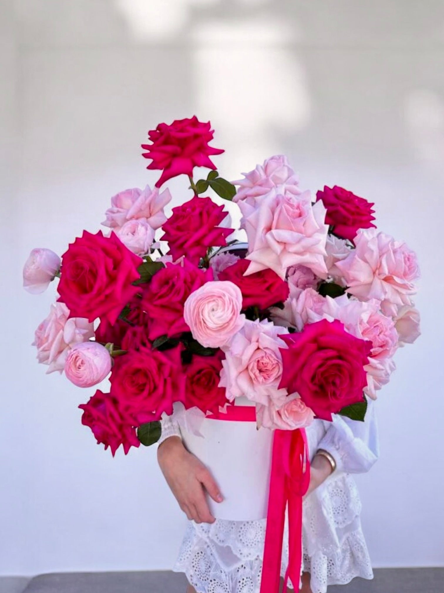 Pink Promises - premium long stem hot pink roses, pink O’Hara roses, ranunculuses, hydrangea - Maison la Fleur