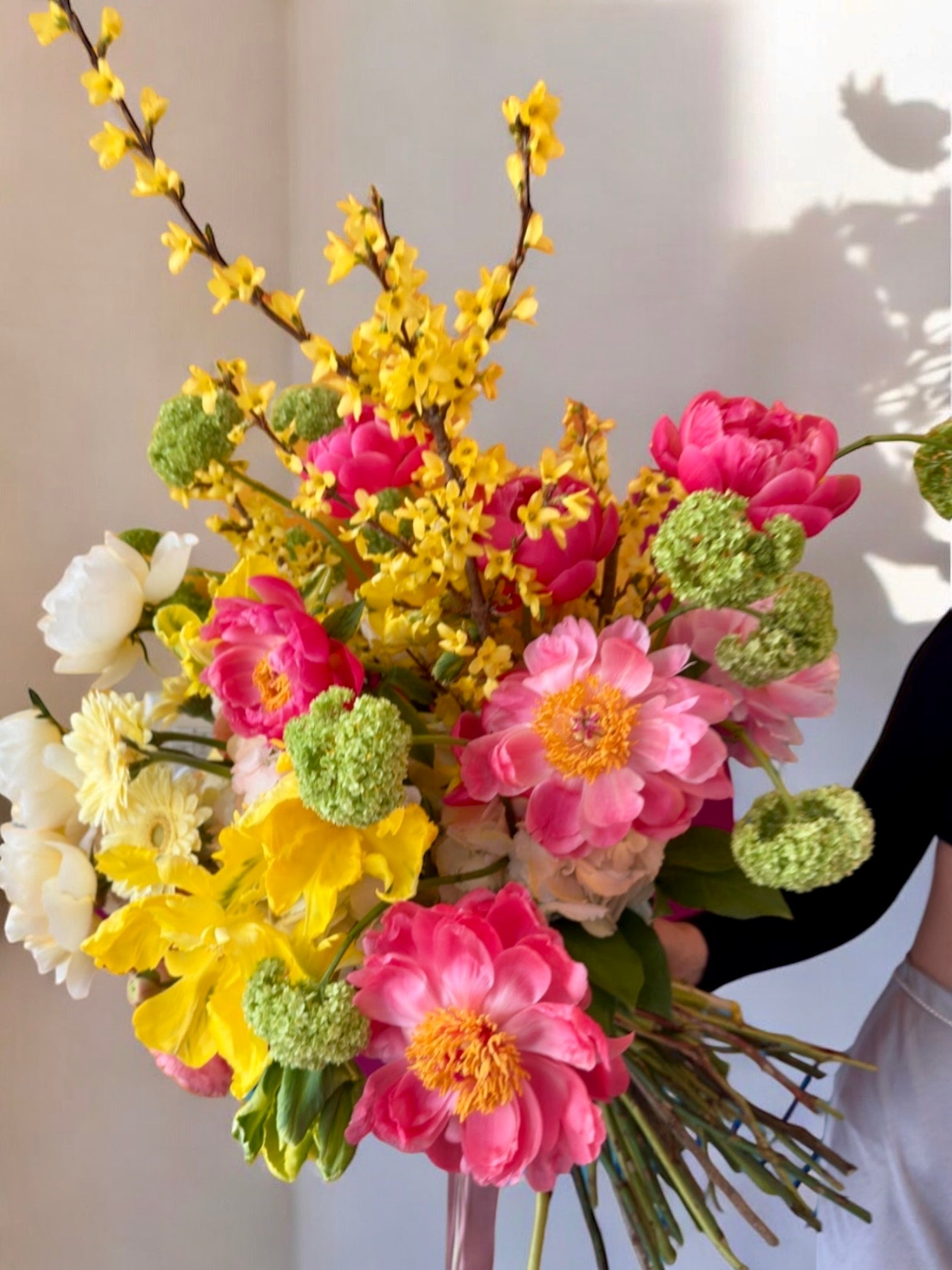 Positive Vibes - Beautiful peonies, garden roses, viburnum, gerbera, tulips arranged in a European loose bouquet. - Maison la Fleur