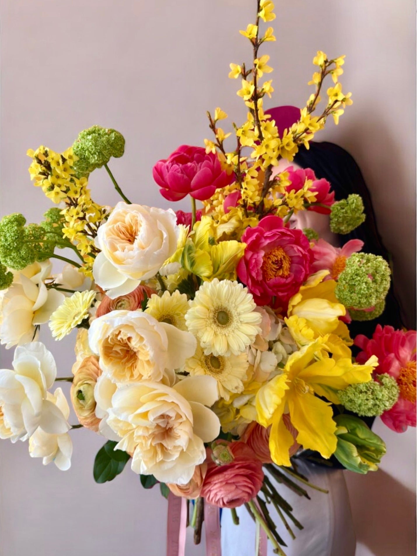 Positive Vibes - Beautiful peonies, garden roses, viburnum, gerbera, tulips arranged in a European loose bouquet. - Maison la Fleur