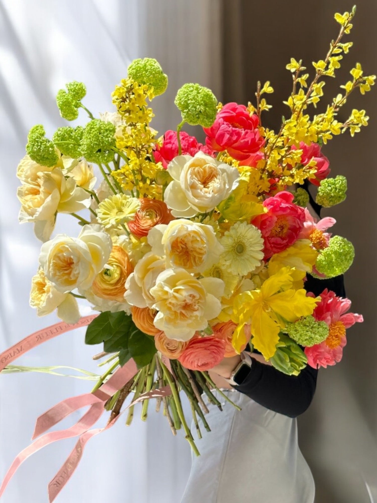 Positive Vibes - Beautiful peonies, garden roses, viburnum, gerbera, tulips arranged in a European loose bouquet. - Maison la Fleur