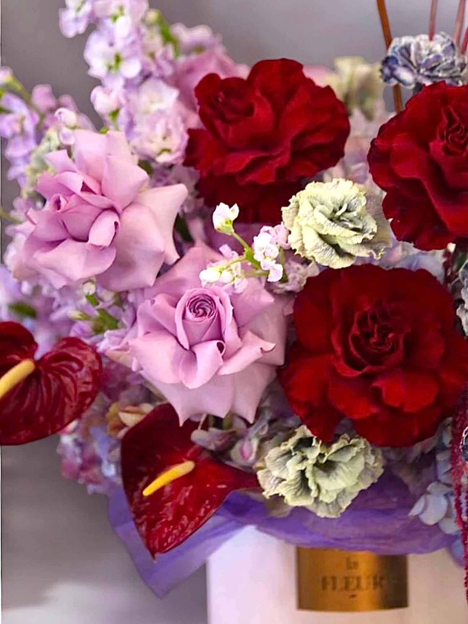 Royal Affair - Jumbo hydrangeas, Garden red roses, European carnation, European lisianthus - Maison la Fleur