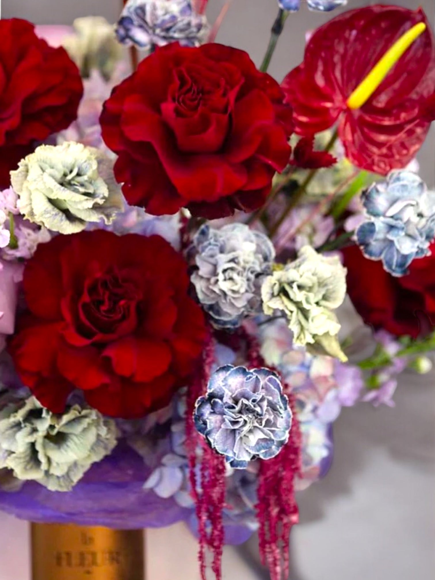 Royal Affair - Jumbo hydrangeas, Garden red roses, European carnation, European lisianthus - Maison la Fleur