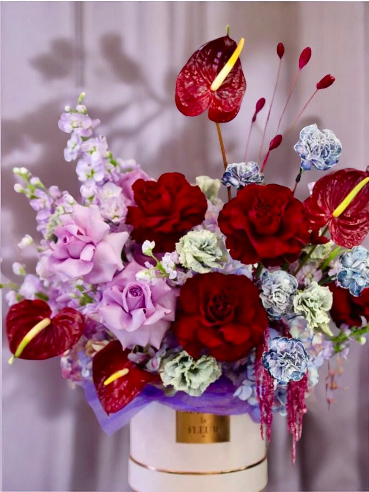 Royal Affair - Jumbo hydrangeas, Garden red roses, European carnation, European lisianthus - Maison la Fleur