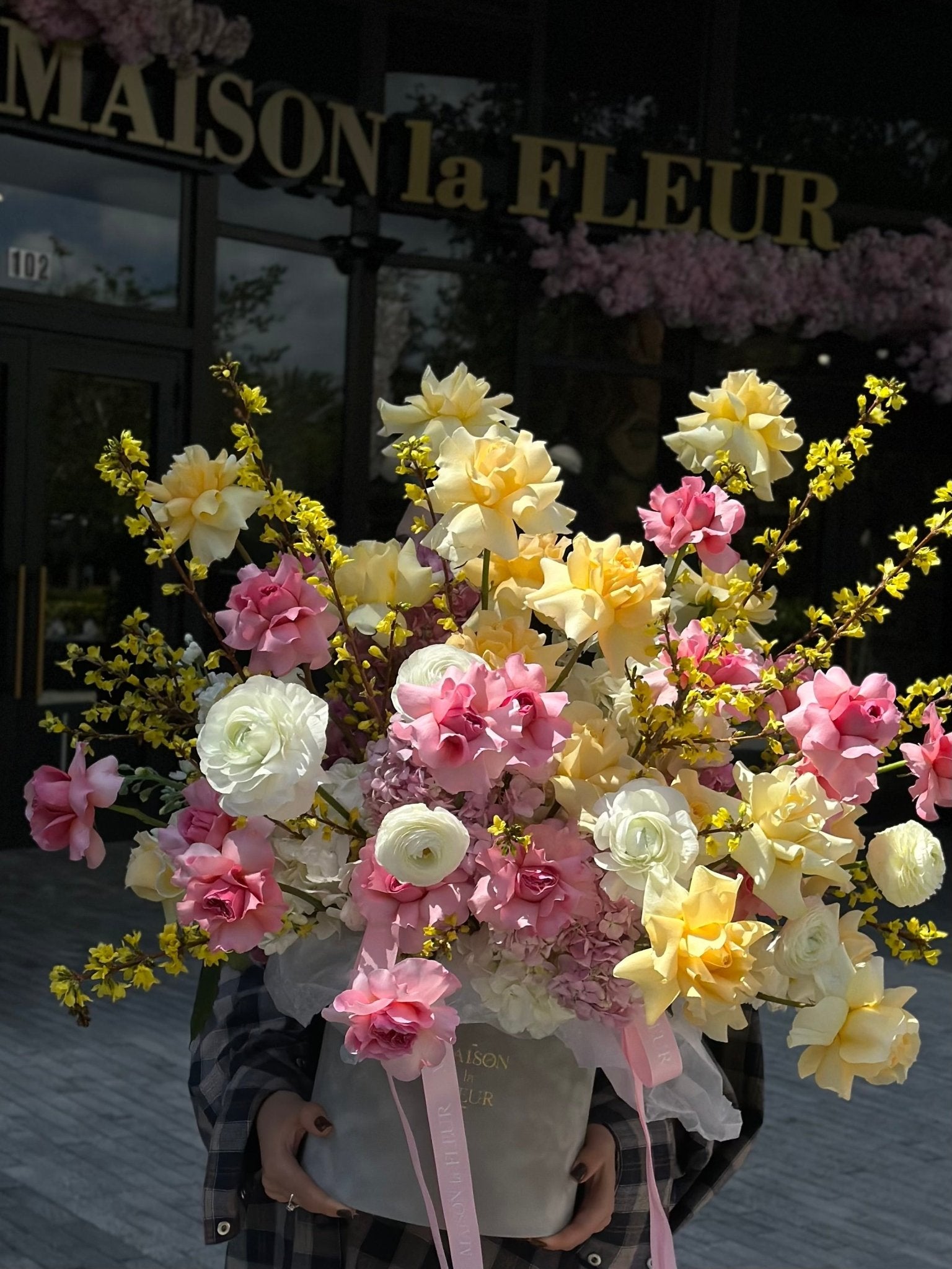 Solar Beauty - Premium long stem roses, Dutch color enhanced tulips, hydrangea and ginestra - Maison la Fleur