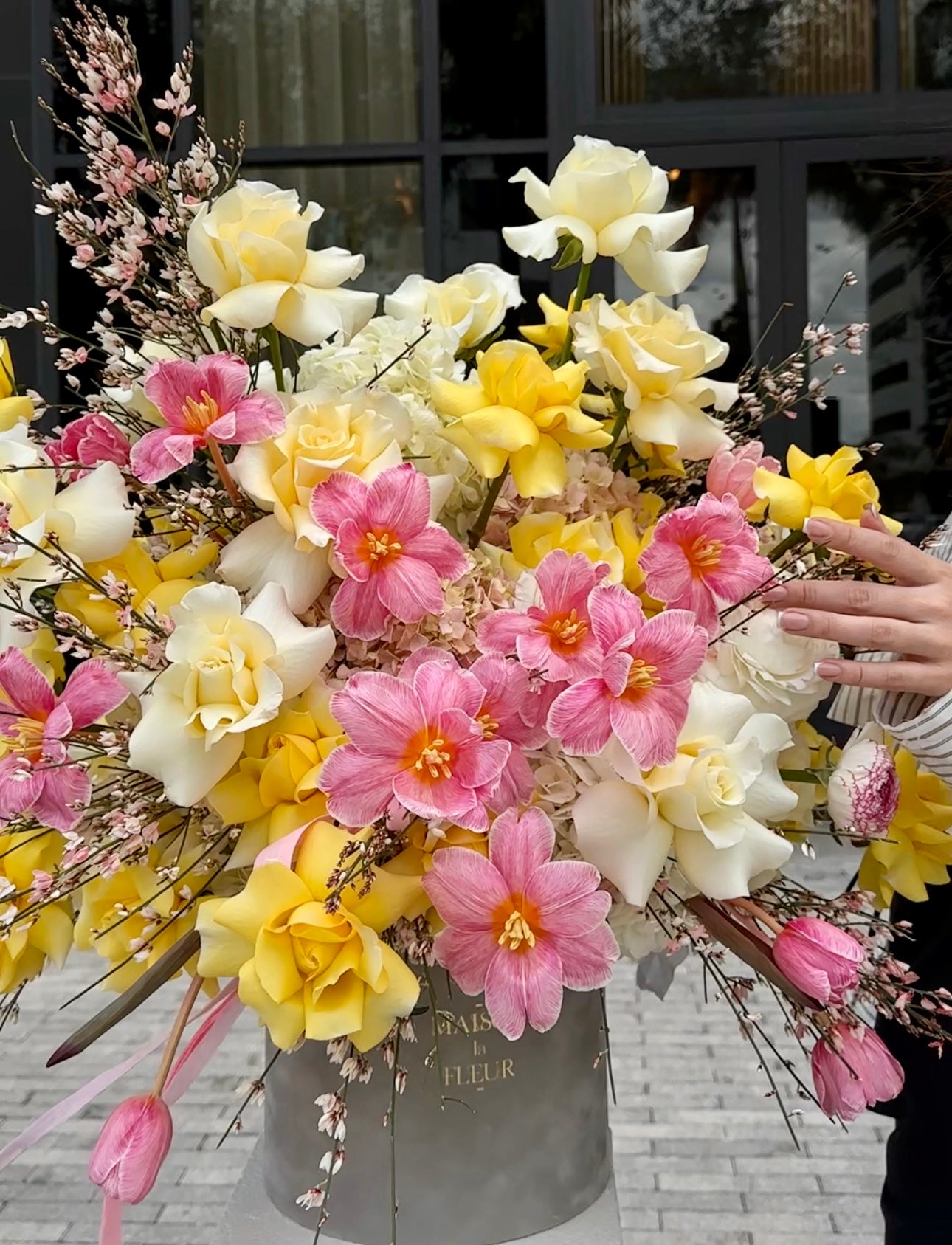 Solar Beauty - Premium long stem roses, Dutch color enhanced tulips, hydrangea and ginestra - Maison la Fleur