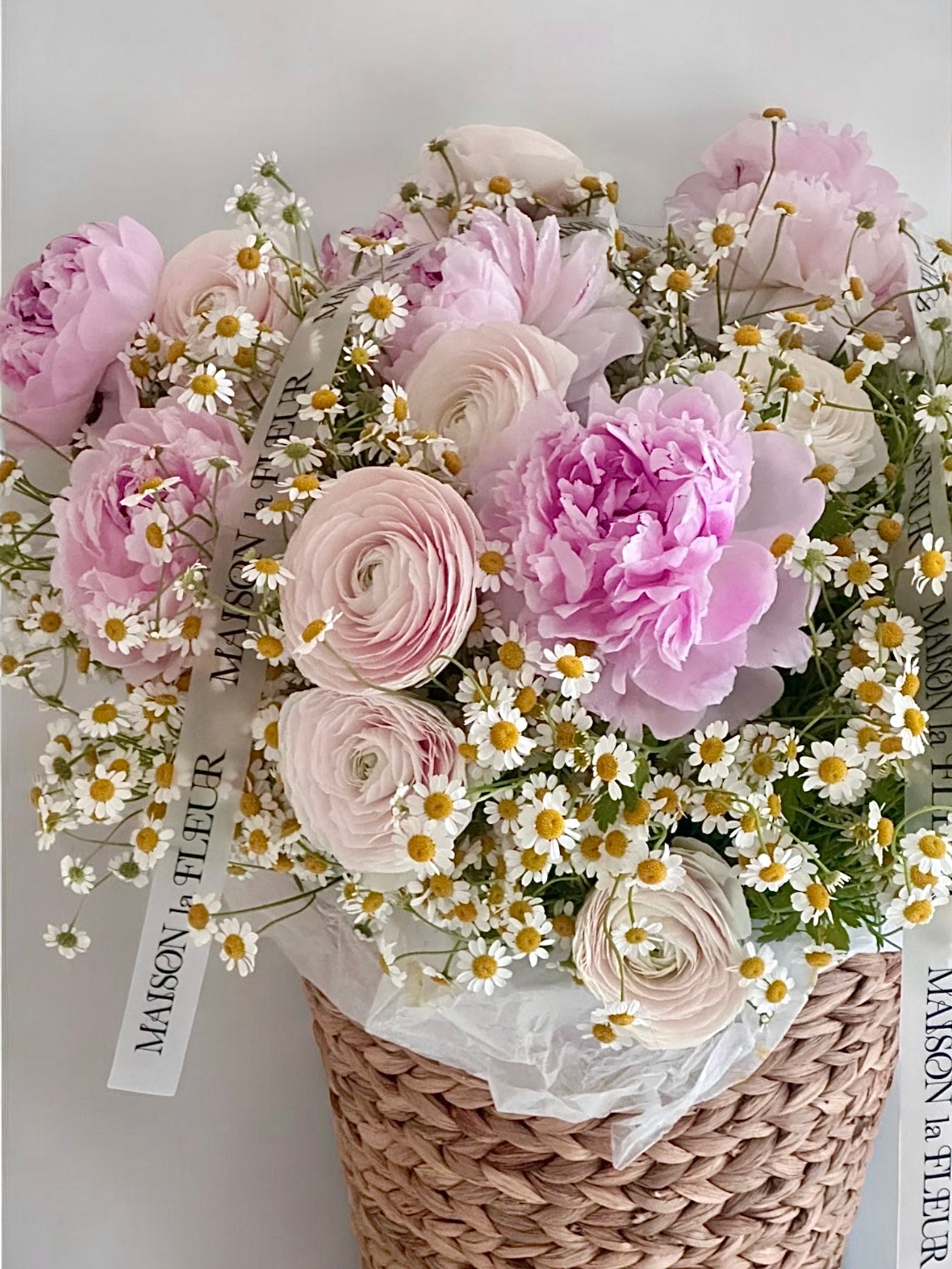 Spring is on my mind - Beautiful basket of chamomile, European peonies and ranunculus - Maison la Fleur