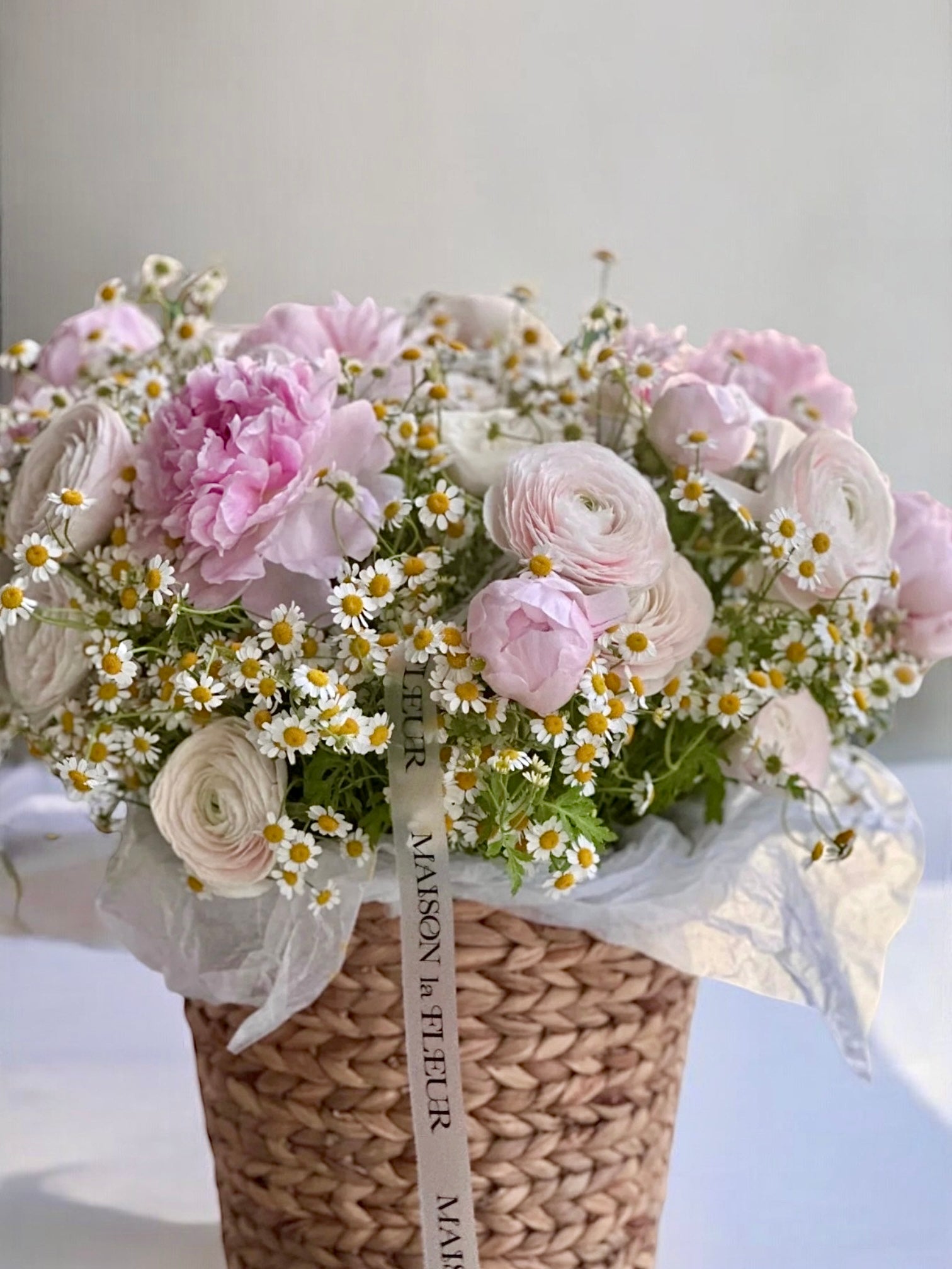 Spring is on my mind - Beautiful basket of chamomile, European peonies and ranunculus - Maison la Fleur