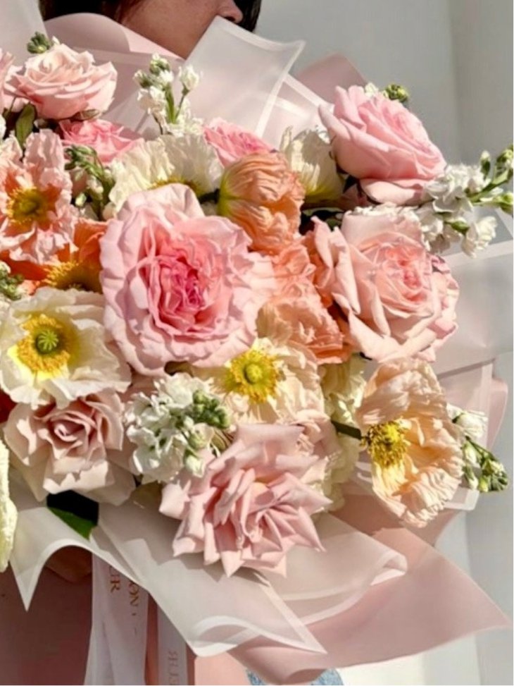 Stop, I’m Blush - ing! - Long stem fragrant garden roses, italian poppies, long stem roses? Hydrangea, stock flower - Maison la Fleur