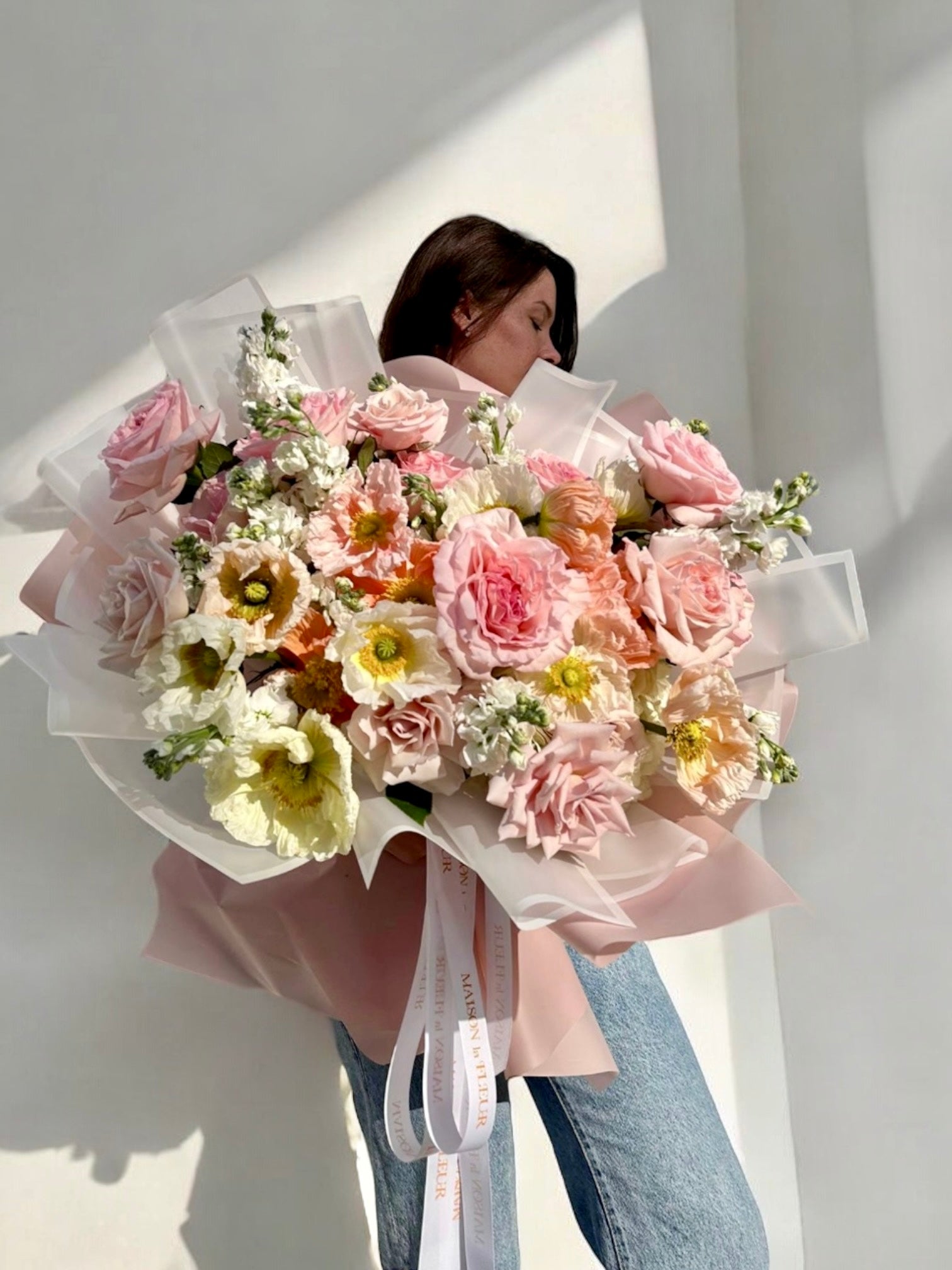 Stop, I’m Blush - ing! - Long stem fragrant garden roses, italian poppies, long stem roses? Hydrangea, stock flower - Maison la Fleur