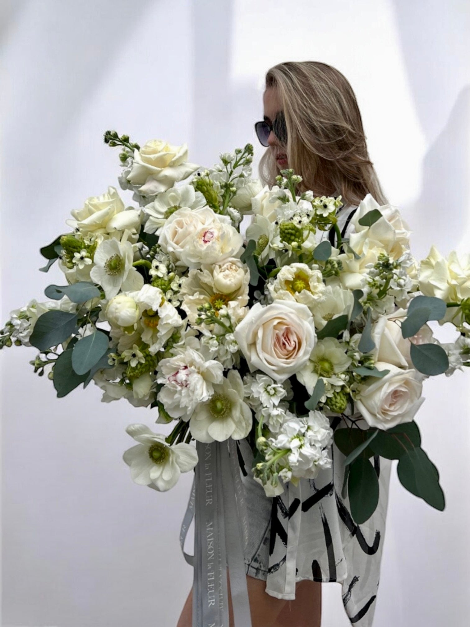 The Girl meets Green - Premium white O’Hara roses, peonies, stock flowers, anemones, puppies flowers, eucalyptus, and beautiful sweet pea flowers - Maison la Fleur