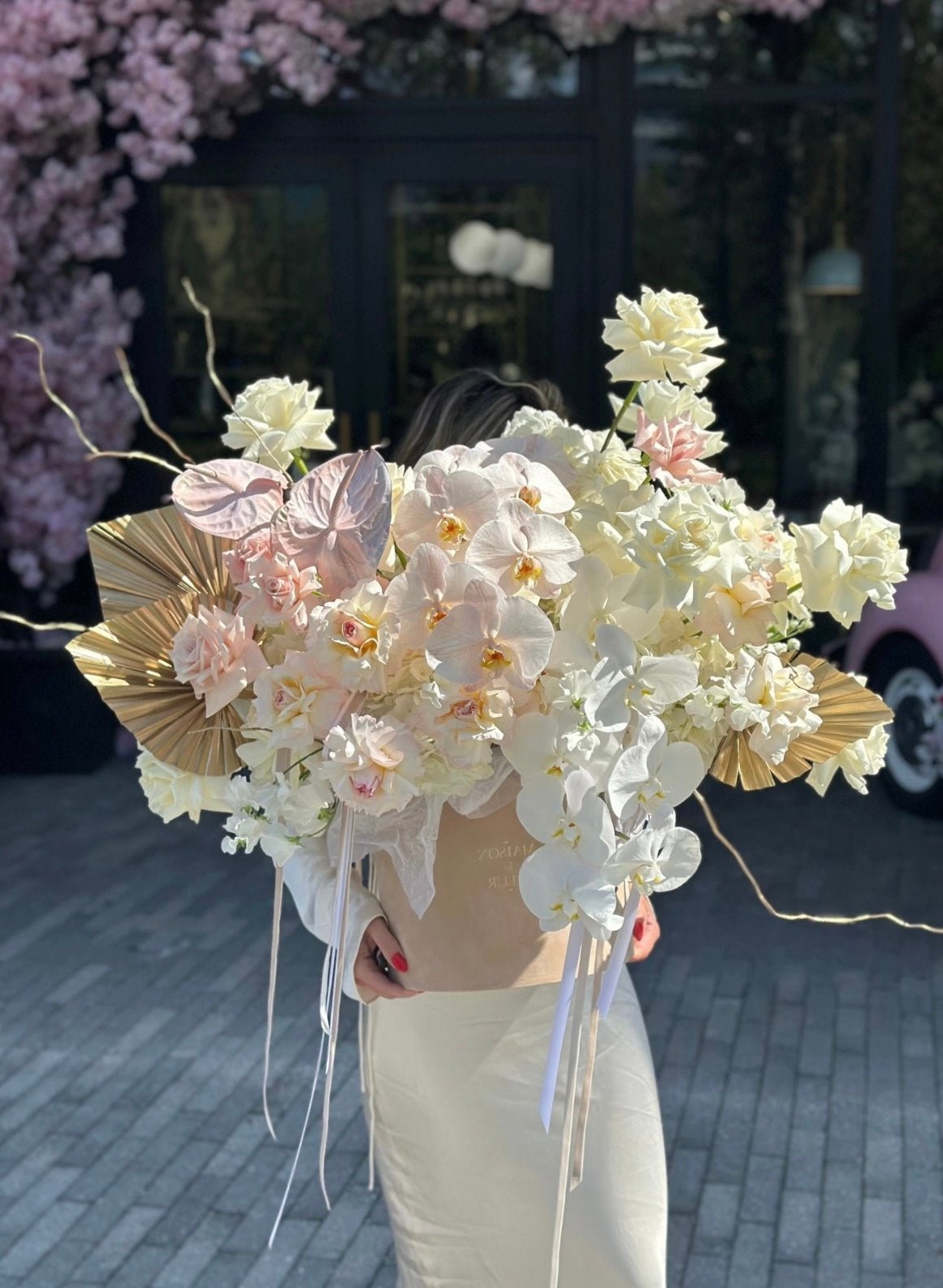 This is IT - Extra large arrangement of garden roses, hydrangea, sweet pea, preserved branches, tai color enhanced & phalaenopsis - Maison la Fleur