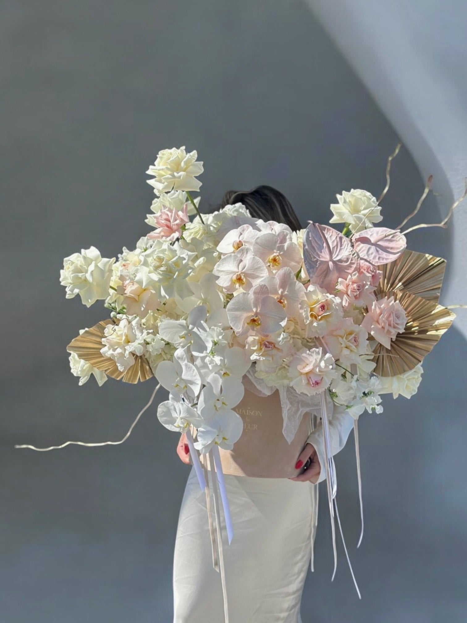 This is IT - Extra large arrangement of garden roses, hydrangea, sweet pea, preserved branches, tai color enhanced & phalaenopsis - Maison la Fleur