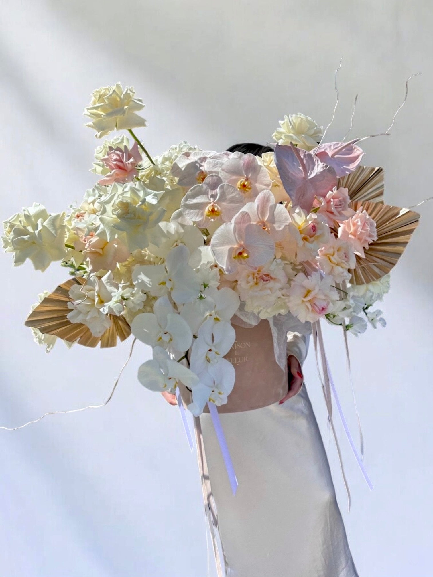 This is IT - Extra large arrangement of garden roses, hydrangea, sweet pea, preserved branches, tai color enhanced & phalaenopsis - Maison la Fleur