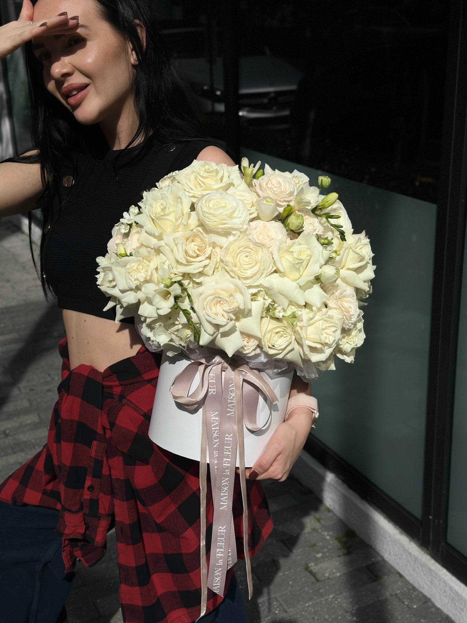 White Butterfly - Beautiful arrangement in a box with premium long stem white roses, hydrangea, ranunculus and freesia - Maison la Fleur