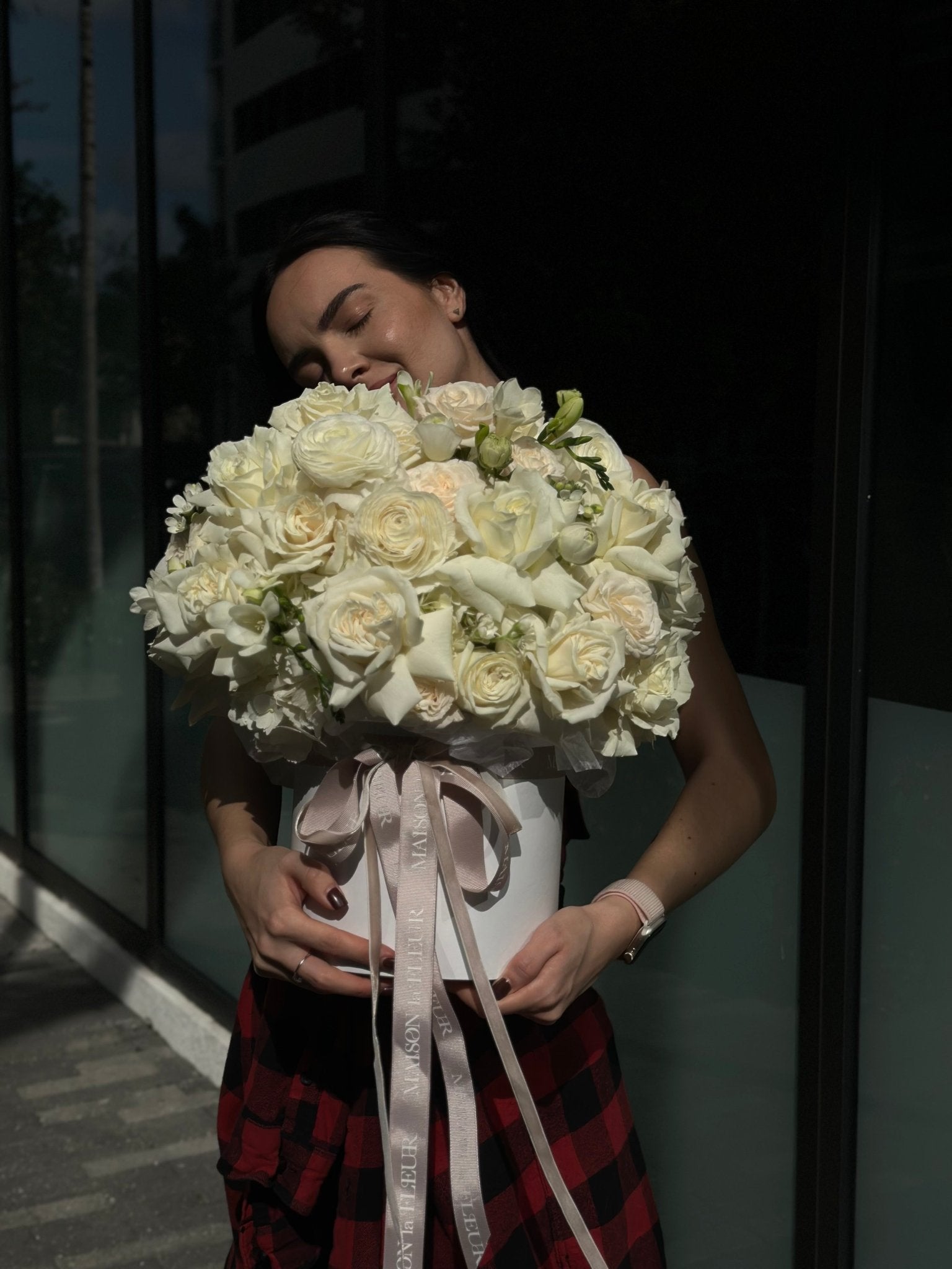 White Butterfly - Beautiful arrangement in a box with premium long stem white roses, hydrangea, ranunculus and freesia - Maison la Fleur