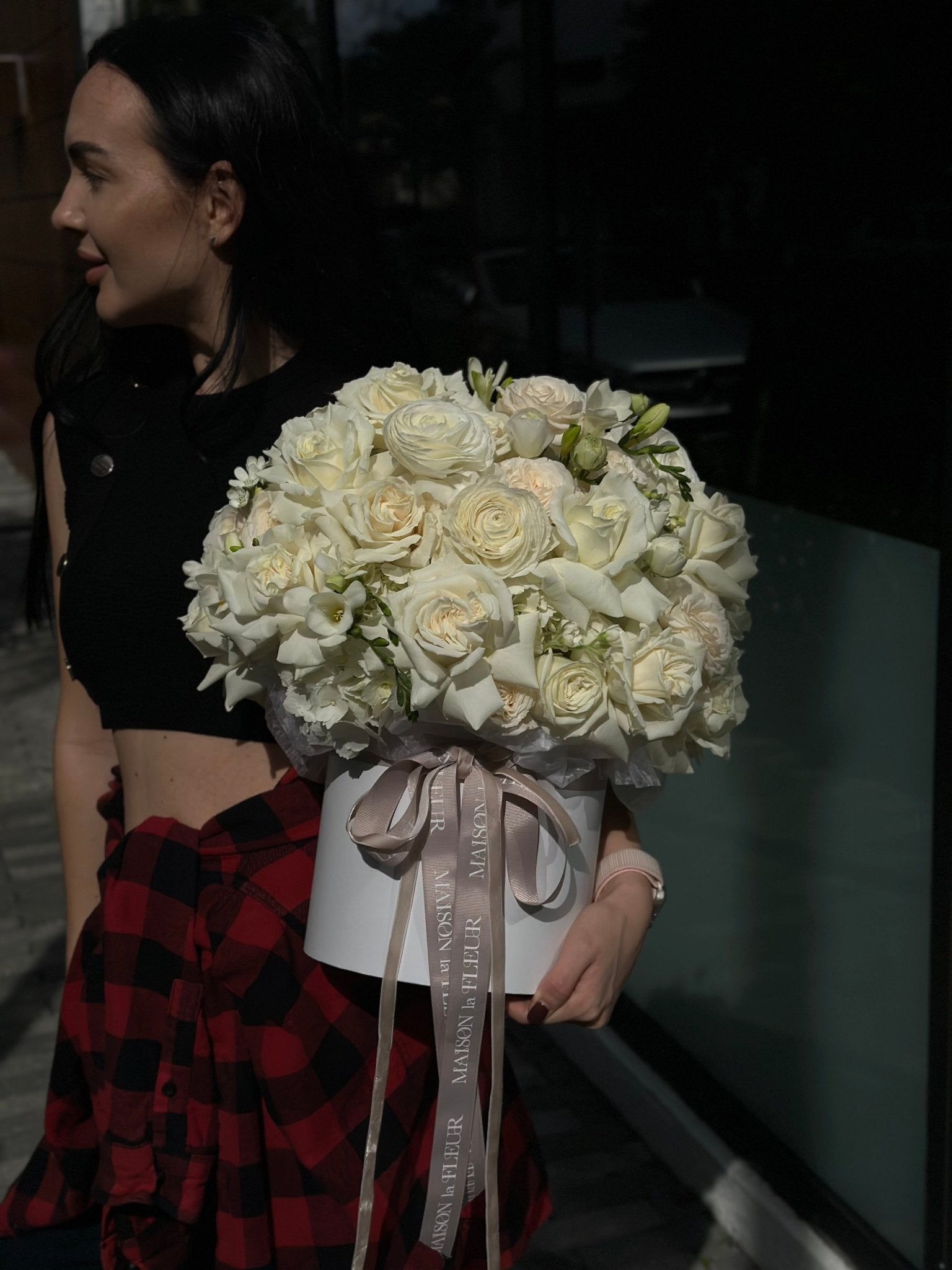 White Butterfly - Beautiful arrangement in a box with premium long stem white roses, hydrangea, ranunculus and freesia - Maison la Fleur