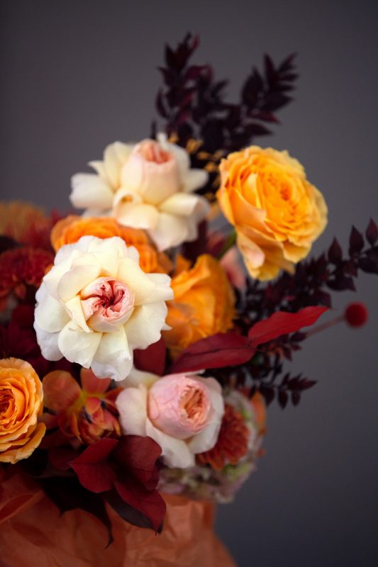 Coral Garden Roses, Autumn - A mix of Yellow, White and Coral Garden roses - Maison la Fleur,