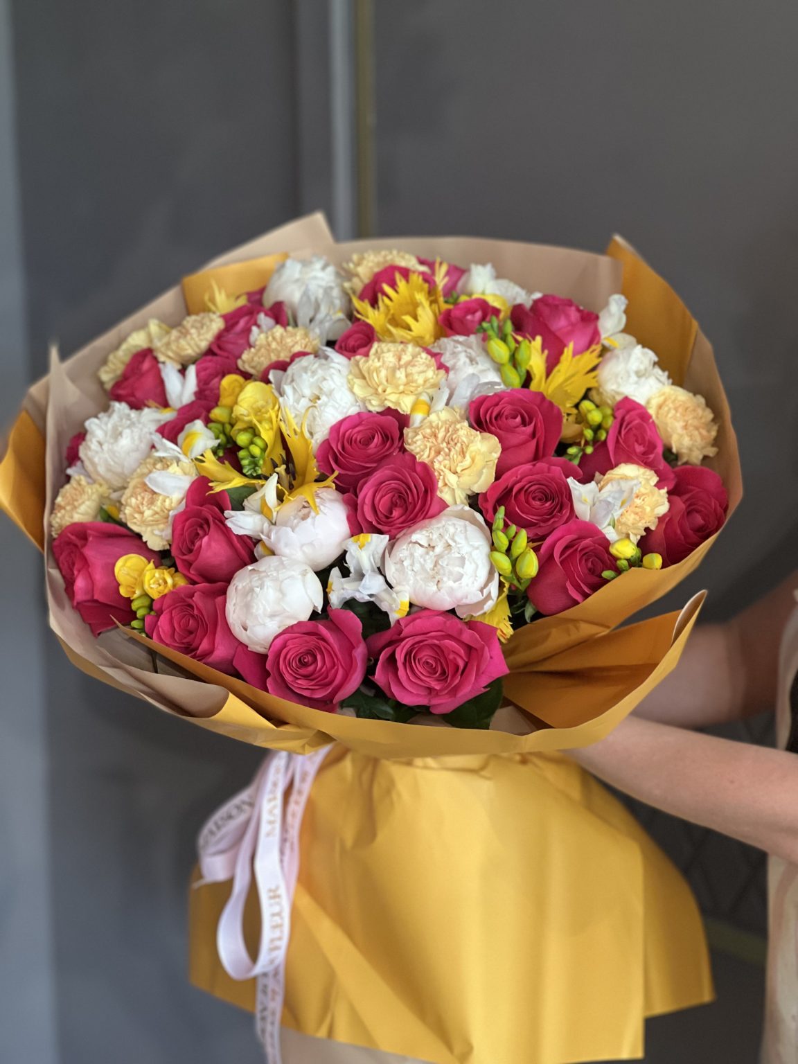 Beautiful Arrangement Roses, Be Happy - beautiful arrangement of long stem roses, Dutch peonies, duct frilled tulips, and freesia - Maison la Fleur