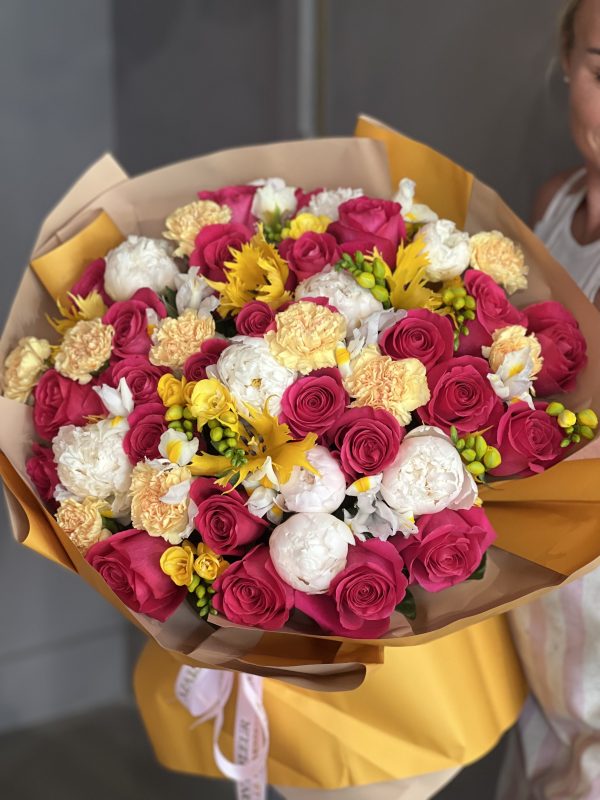 Beautiful Arrangement Roses, Be Happy - beautiful arrangement of long stem roses, Dutch peonies, duct frilled tulips, and freesia - Maison la Fleur