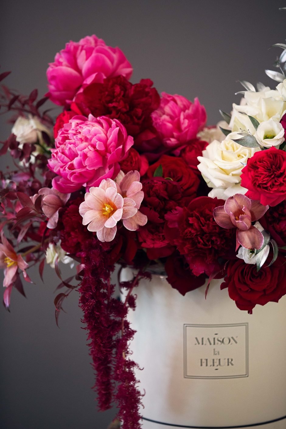Fresh Red Roses , "Carmen" - Peonies, garden roses, dutch tulips and hydrangea - Maison la Fleur