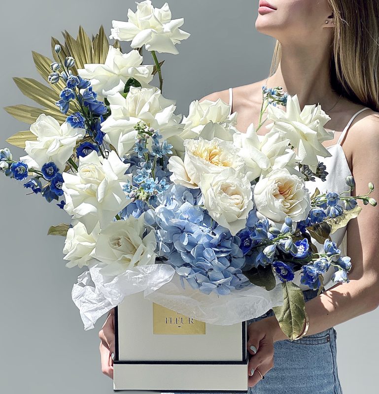 Blue and White Roses Bouquet , Ciel Bleu - premium garden roses, hydrangea, delphinium - Maison la Fleur