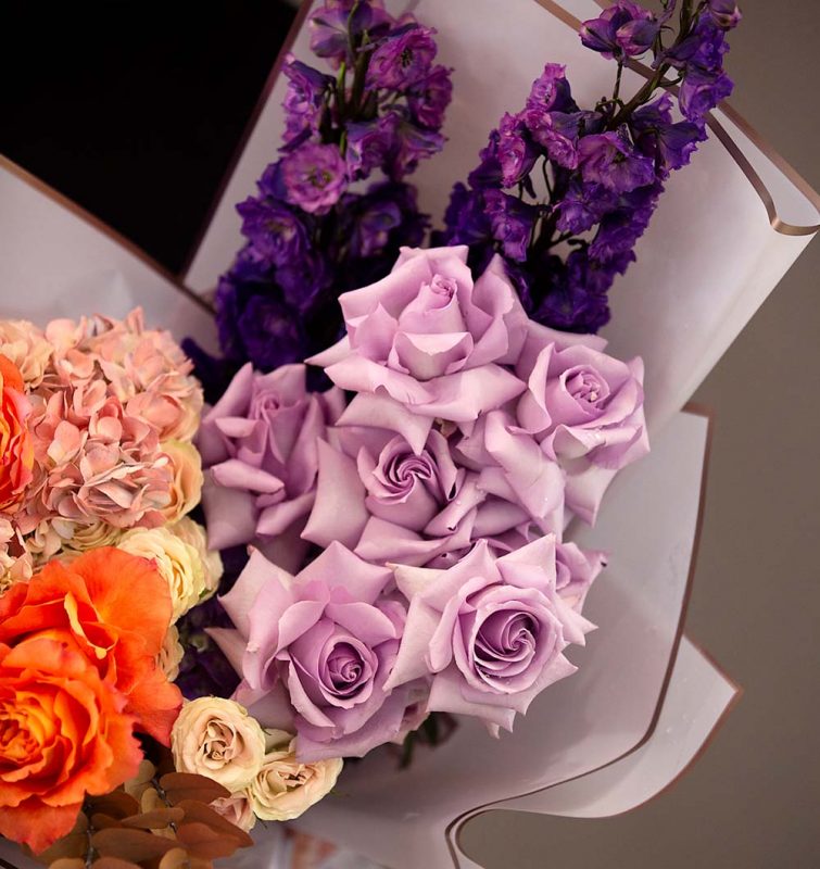European Style Roses, Cool Awakening - European style combination of delphinium, premium roses and hydrangea - Maison la Fleur