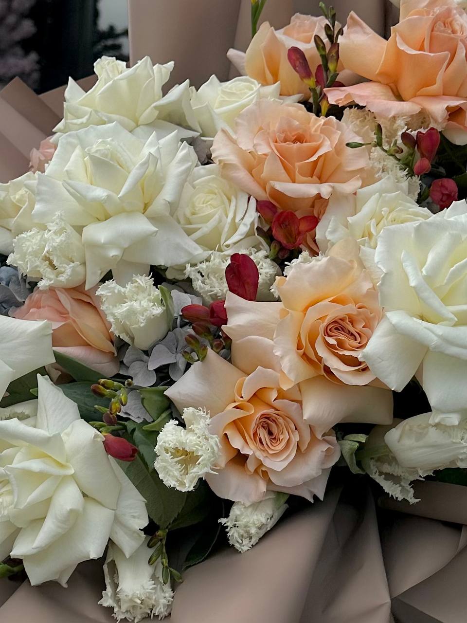 White Rose Bridal Bouquet , Crème de La crème - premium long stem roses, hydrangea, spray roses, stock, tulips - Maison la Fleur