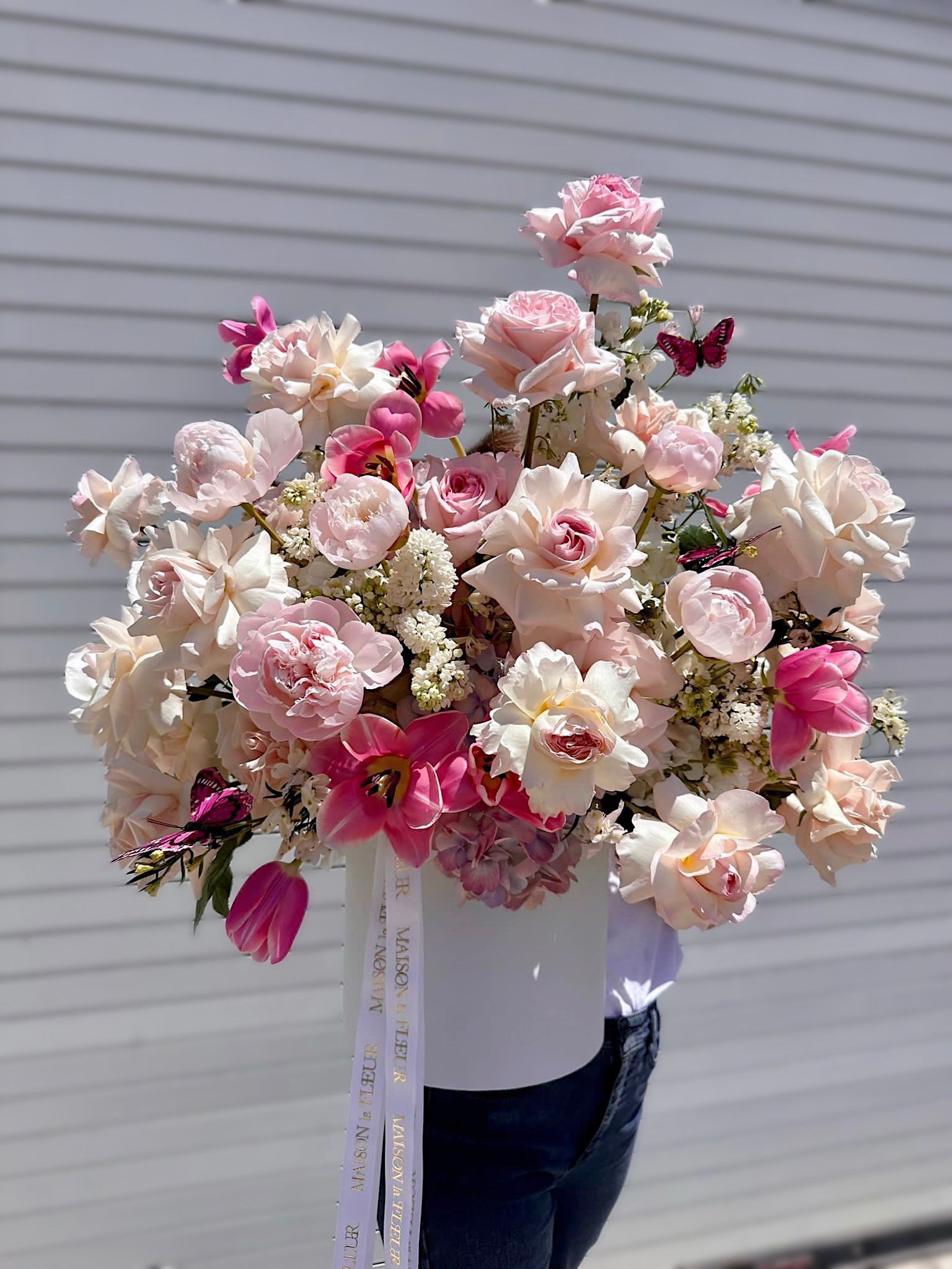 Pink Roses Wedding Bouquet, Effortlessly Pink - David Austin garden roses, Dutch tulips, lilac, peonies and hydrangea - Maison la Fleur