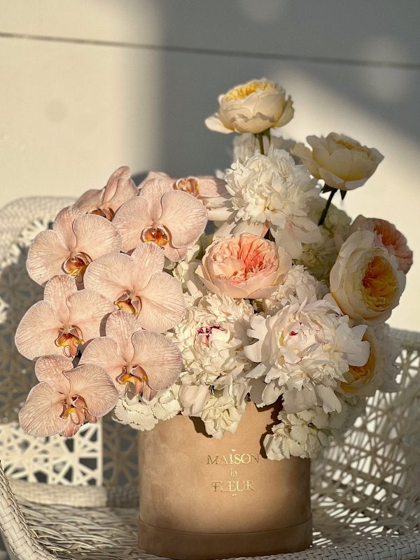 Golden Hour - french peonies, color enhanced Thai phaleonopsis, David Austen garden roses and jumbo hydrangea - Maison la Fleur