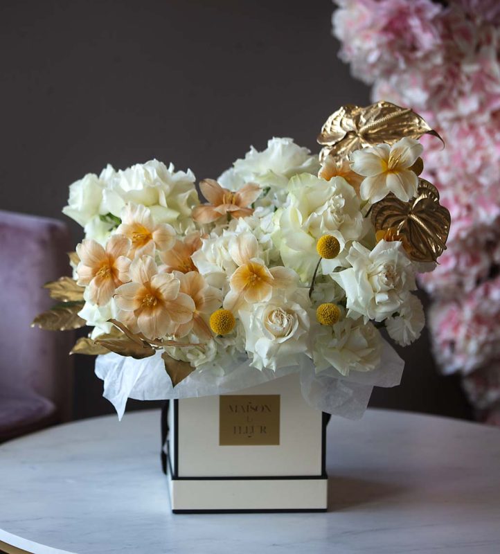Golden Kiss - beautiful European style arrangement with garden and premium roses, hydrangea, anthurium, lisianthus - Maison la Fleur