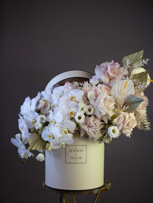 Basket of White Flowers, Kissed By A Rose - Premium roses, orchids and hydrange