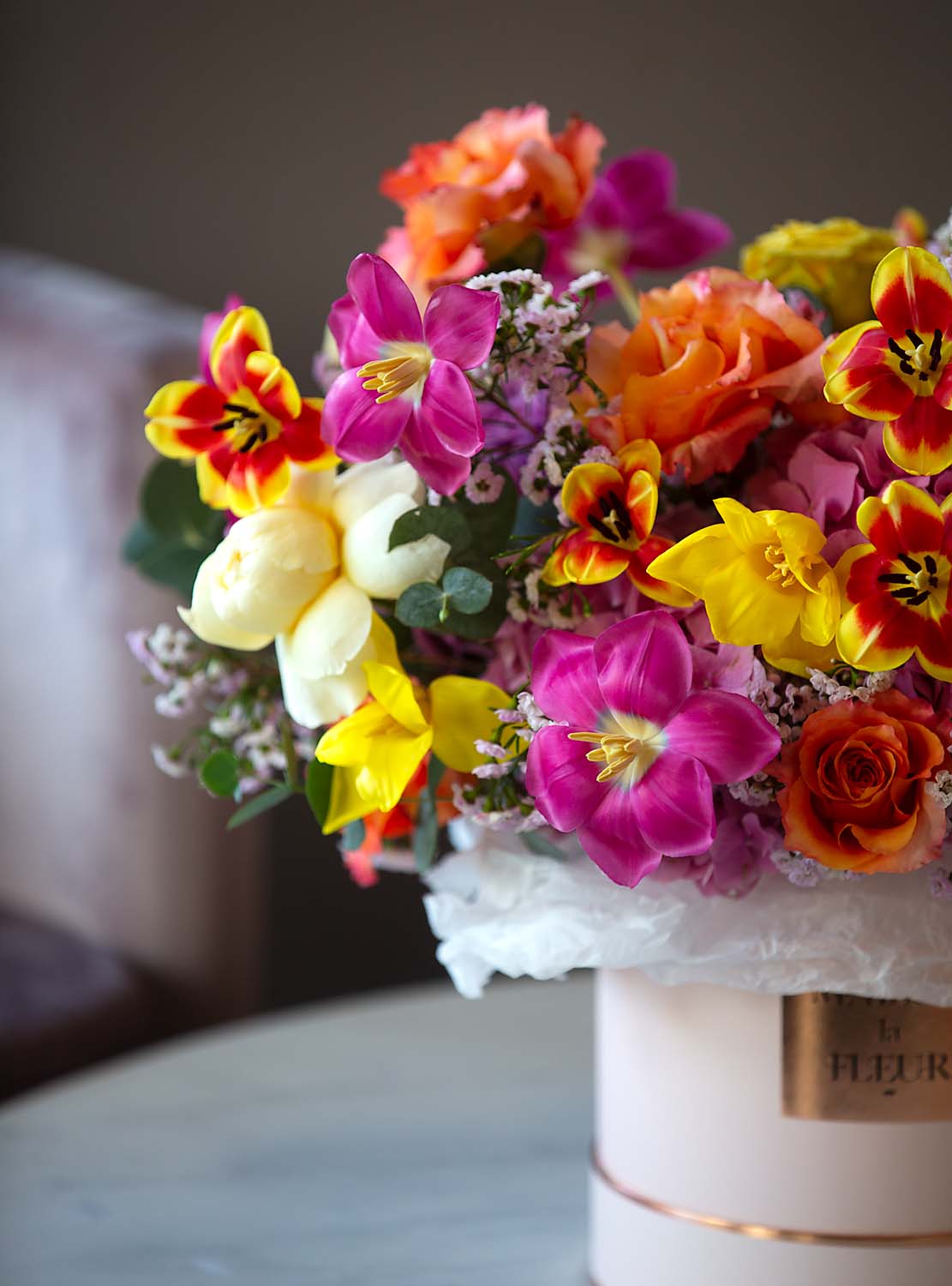 La Dolce Vita - Vibrant and bold european style arrangement with dutch tulips, premium garden roses, hydrangea - Maison la Fleur
