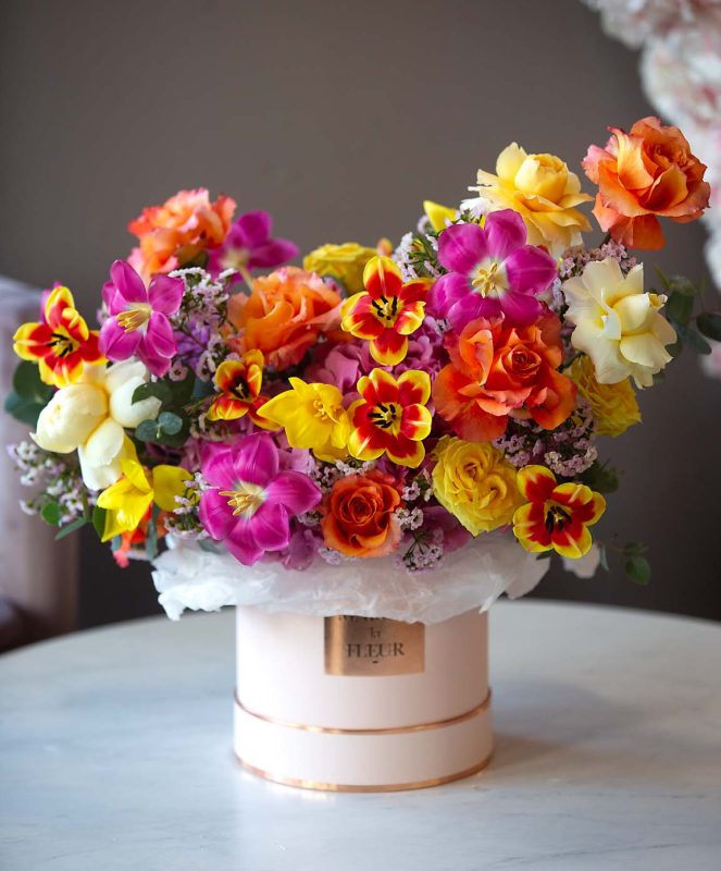 La Dolce Vita - Vibrant and bold european style arrangement with dutch tulips, premium garden roses, hydrangea - Maison la Fleur